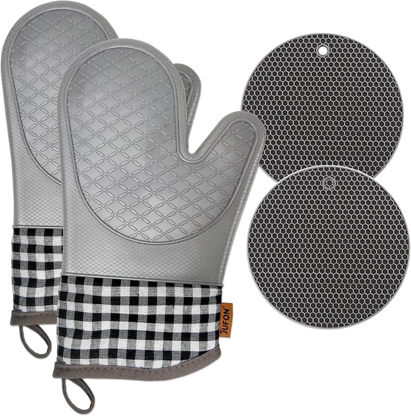 JUFON Silicone Oven Mitts,Silicone Oven Gloves Set,Oven Gloves with Quilted Liner for Kitchen Cooking Baking Grilling,Gloves for Home Kitchen Camping Microwave ovenUse,Gray (Set of 4) - Image 1